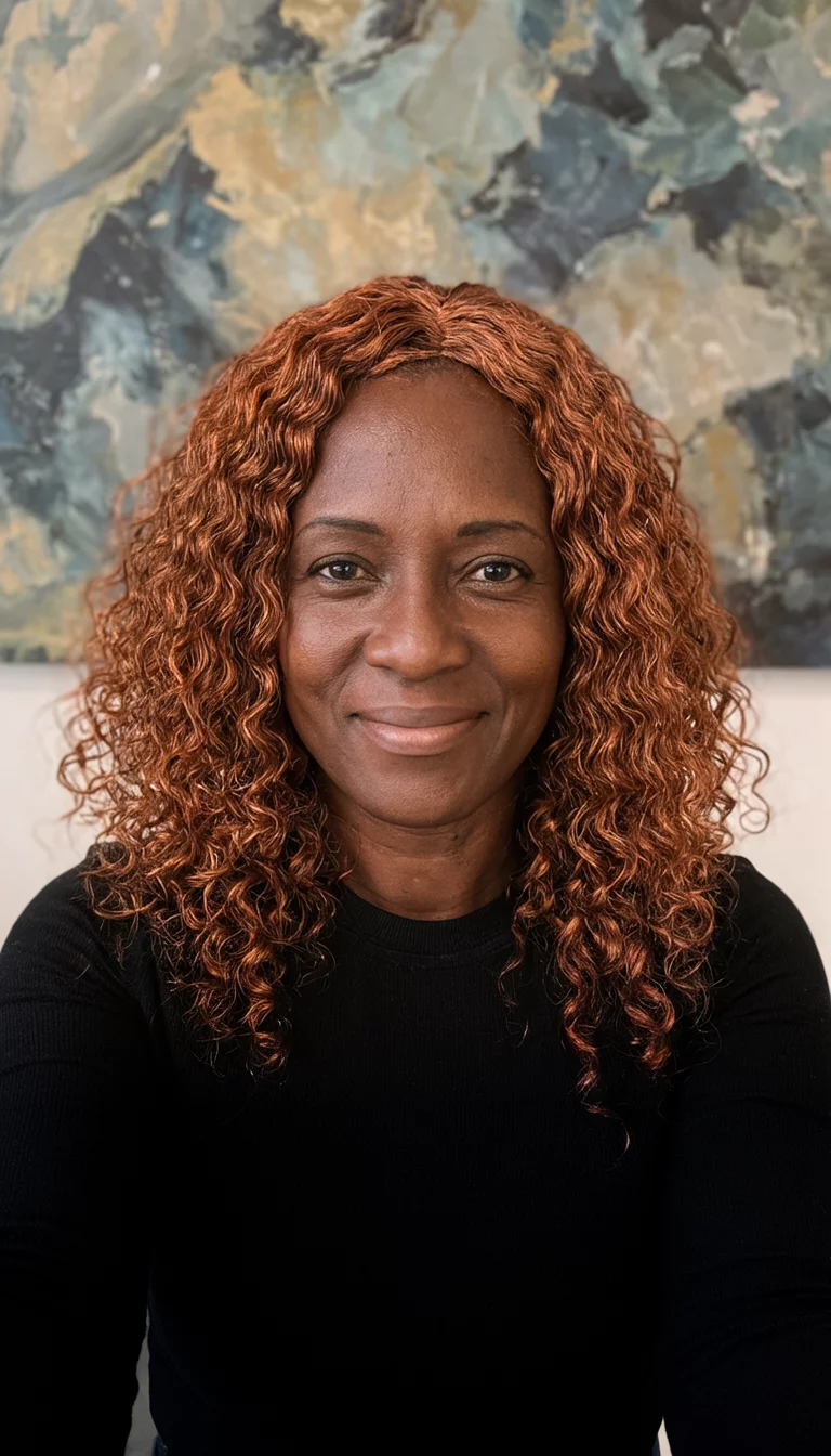 Copper Toned Collage selfie of a 30-year-old black woman wearing a black top with a copper colored wavy hairstyle, front view, abstract background