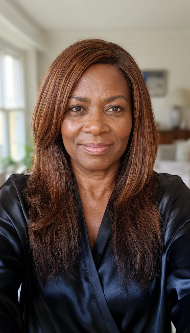 selfie of a 45-year-old black woman wearing a black satin garment with a brown colored long, layered hairstyle, front view, indoor background