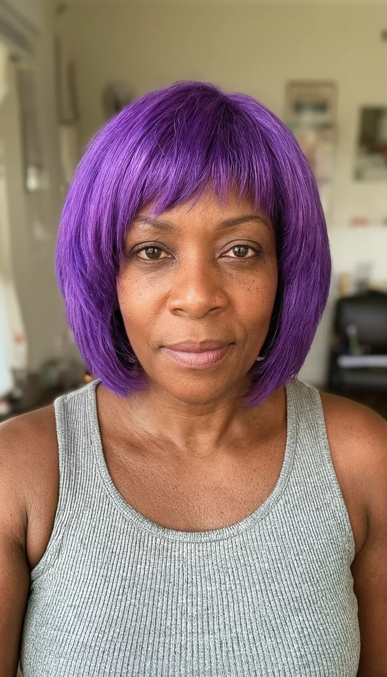 Dusty Lavender Bob selfie of a 38-year-old black woman wearing a grey ribbed tank top with a purple colored short, layered bob hairstyle, front view, indoor background