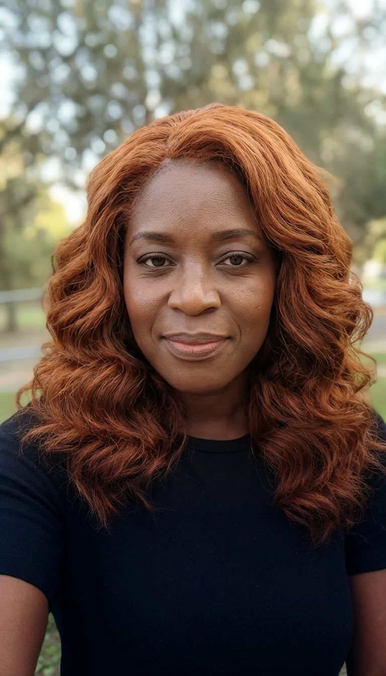 selfie of a 34-year-old black woman wearing a black top with a auburn colored voluminous, wavy hairstyle, front view, blurred outdoor background