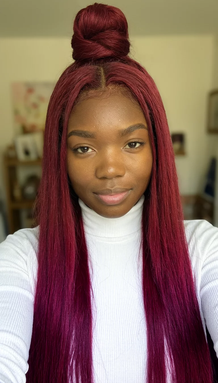 selfie of a 21-year-old black woman wearing a white turtleneck with a crimson colored long, straight hairstyle with a high bun, front view, indoor background