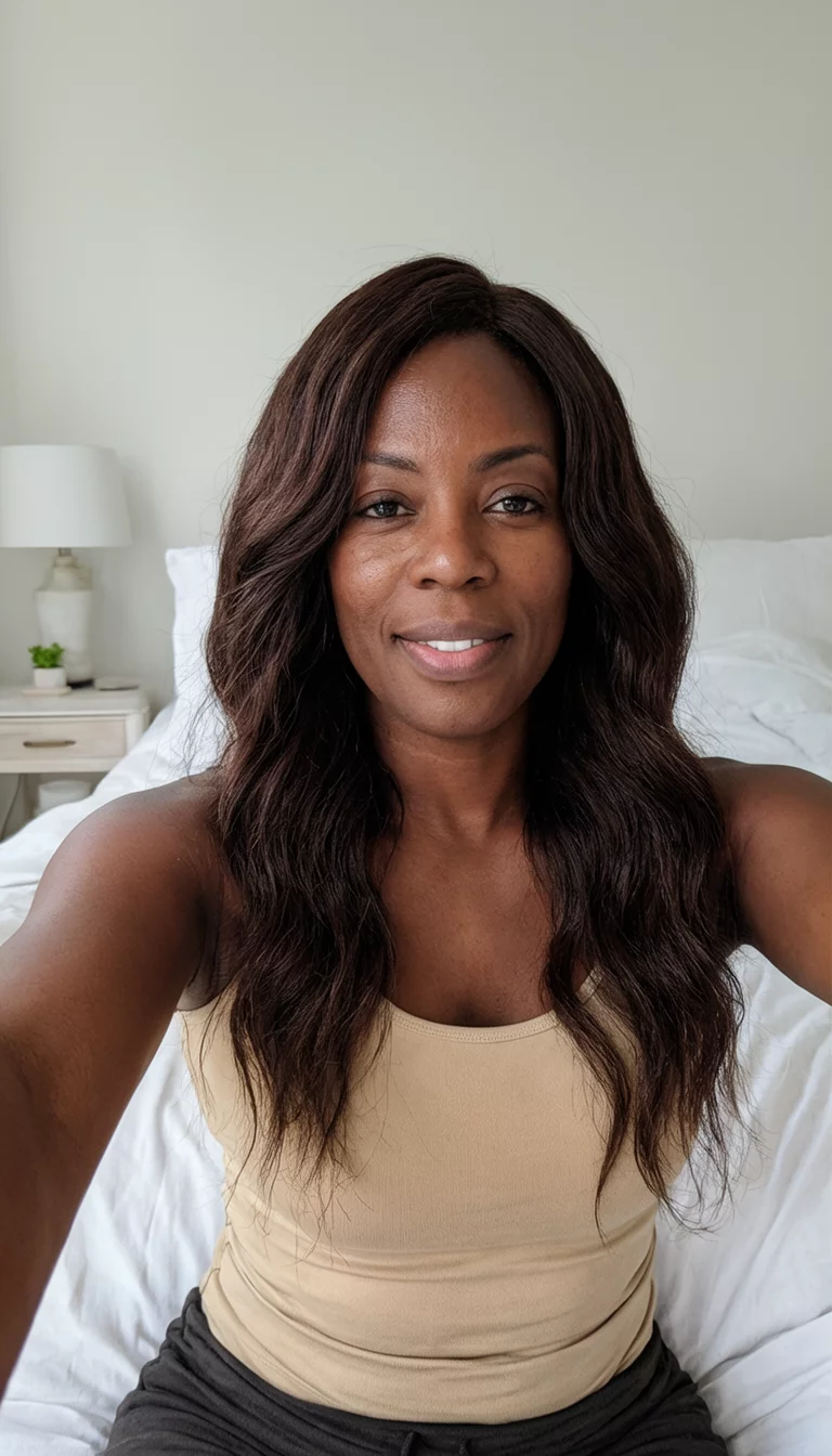 selfie of a 36-year-old black woman wearing a beige tank top with a dark brown colored long, wavy hairstyle, front view, seated on a bed