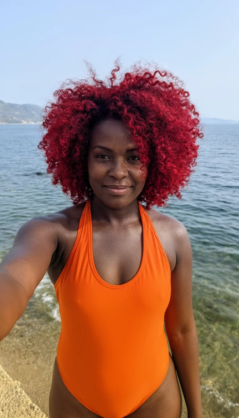 selfie of a 26-year-old black woman wearing an orange one-piece swimsuit with a red colored voluminous, curly hairstyle, front view, by the sea