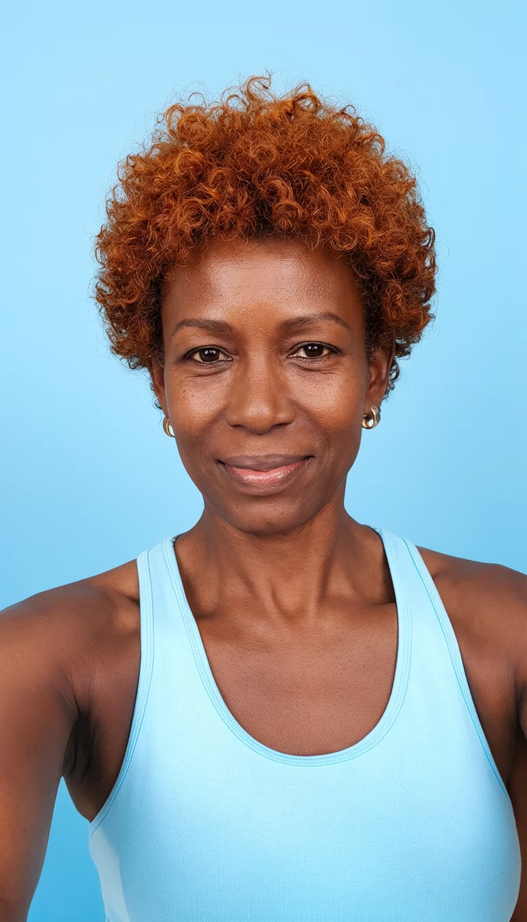 selfie of a 42-year-old black woman wearing a light blue tank top with a auburn colored short, curly hairstyle, front view, light blue background