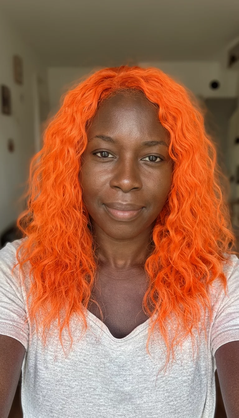 Fall Trio Shades selfie of a 30-year-old black woman wearing a casual top with a bright orange colored wavy hairstyle, front view, indoor background