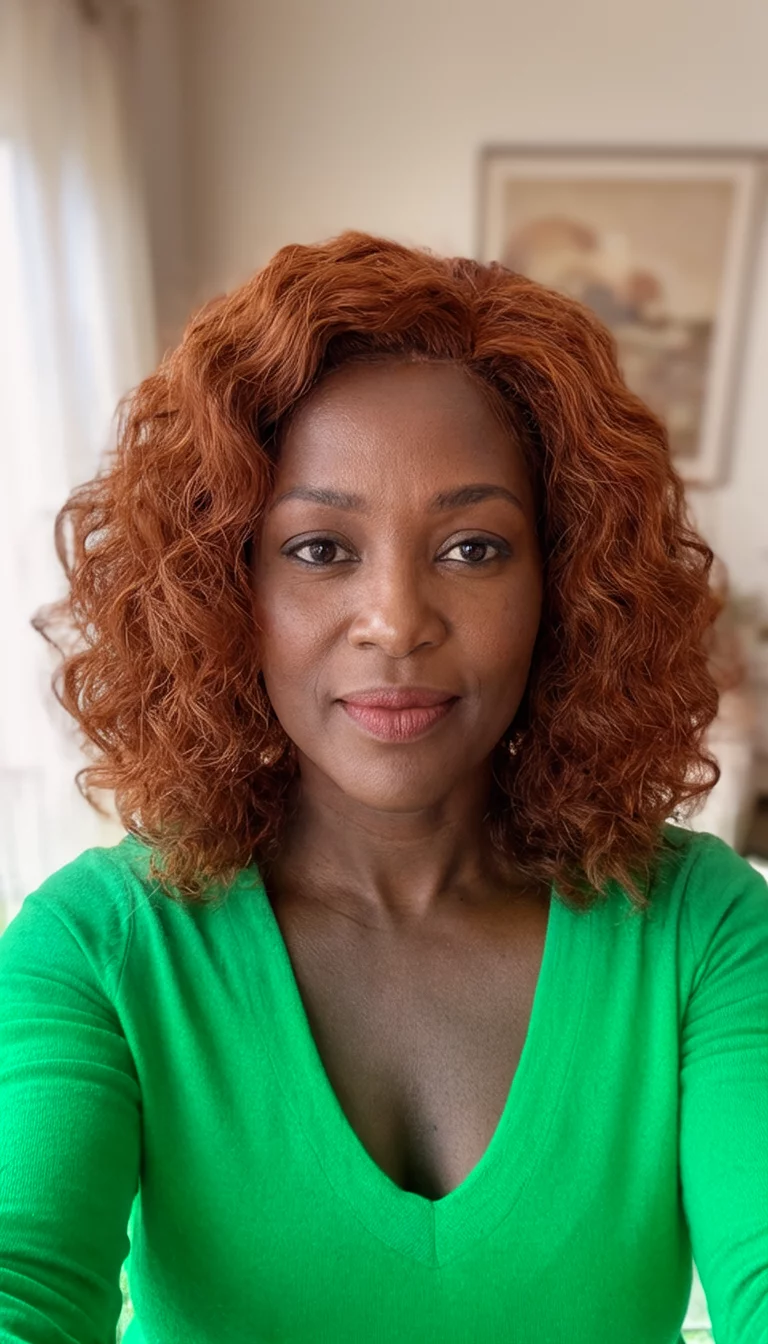 selfie of a 32-year-old black woman wearing a green top with a auburn colored voluminous hairstyle, front view, indoor background