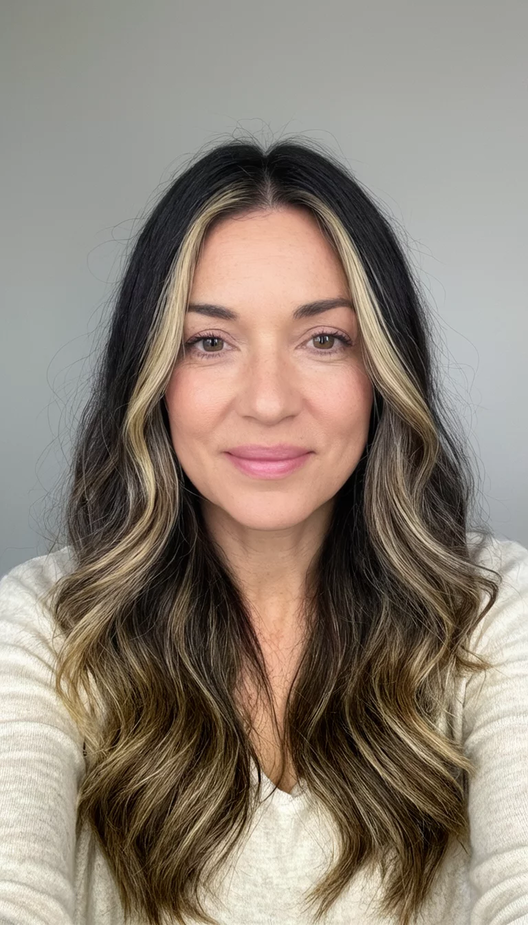 selfie of a 35-year-old woman wearing a light-colored top with a long, wavy dark brown hair with blonde balayage highlights colored balayage hairstyle, front view, neutral background