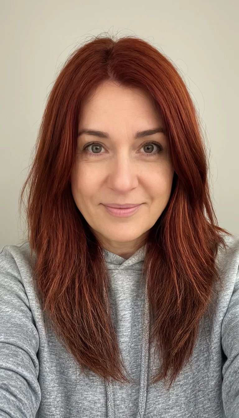 selfie of a 34-year-old woman wearing a grey hooded sweatshirt with a long, layered reddish-brown hair colored layered hairstyle, front view, neutral background