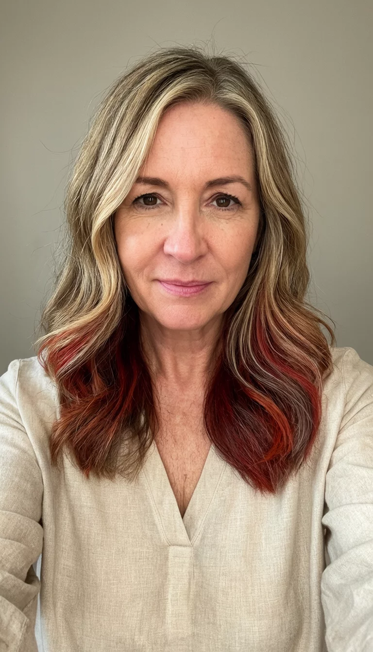 selfie of a 43-year-old woman wearing a neutral blouse with a various shades of blonde, brown, and reddish hair colors colored multi-tonal hairstyle, front view, neutral background