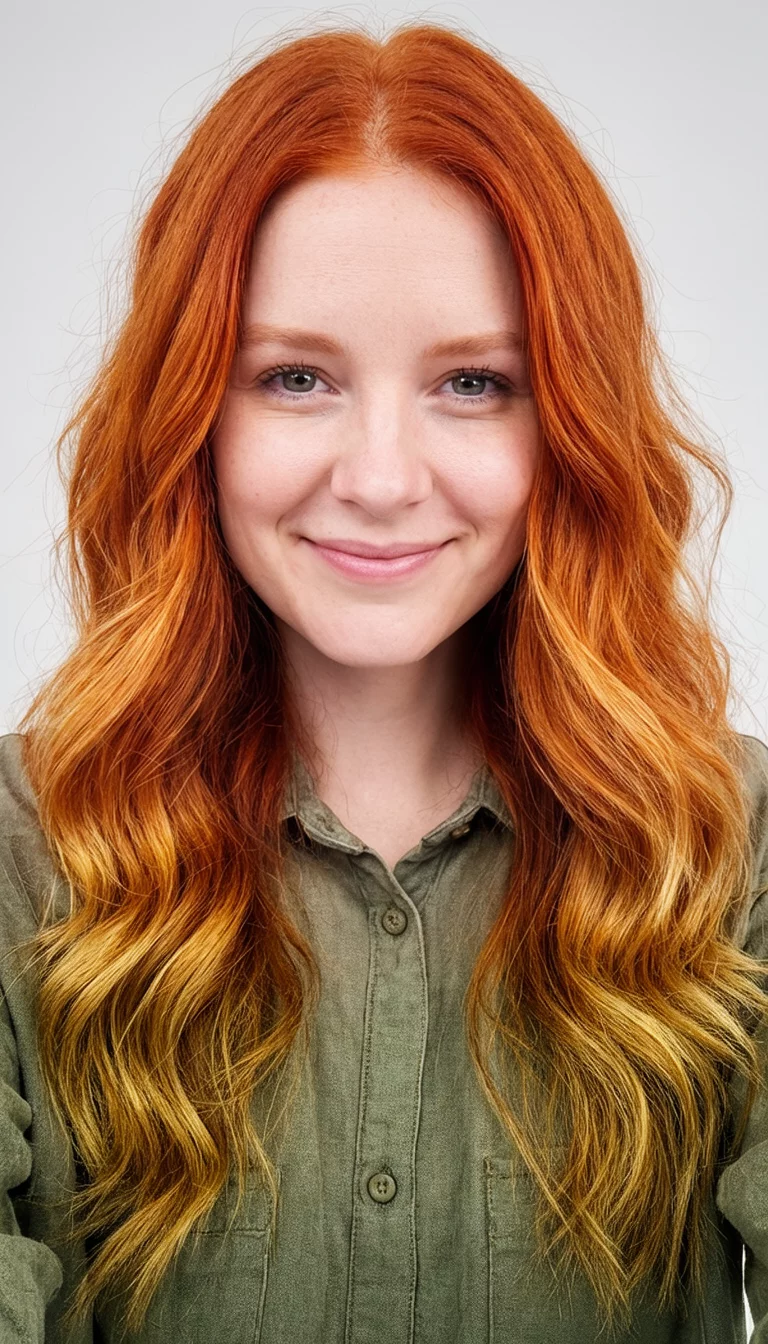 selfie of a 23-year-old woman wearing a casual shirt with a long, wavy reddish-orange hair with golden highlights colored wavy hairstyle, front view, studio background