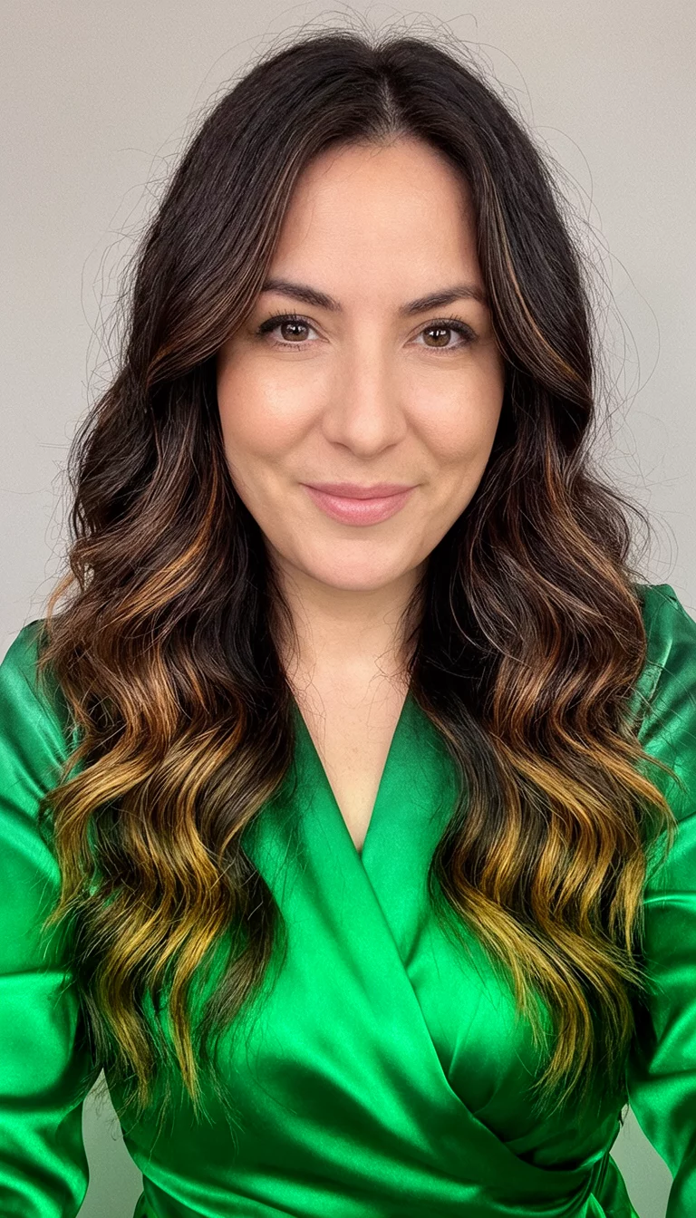 selfie of a 27-year-old woman wearing a green satin top with a very long, wavy dark brown hair with prominent caramel highlights colored wavy hairstyle, front view, neutral background