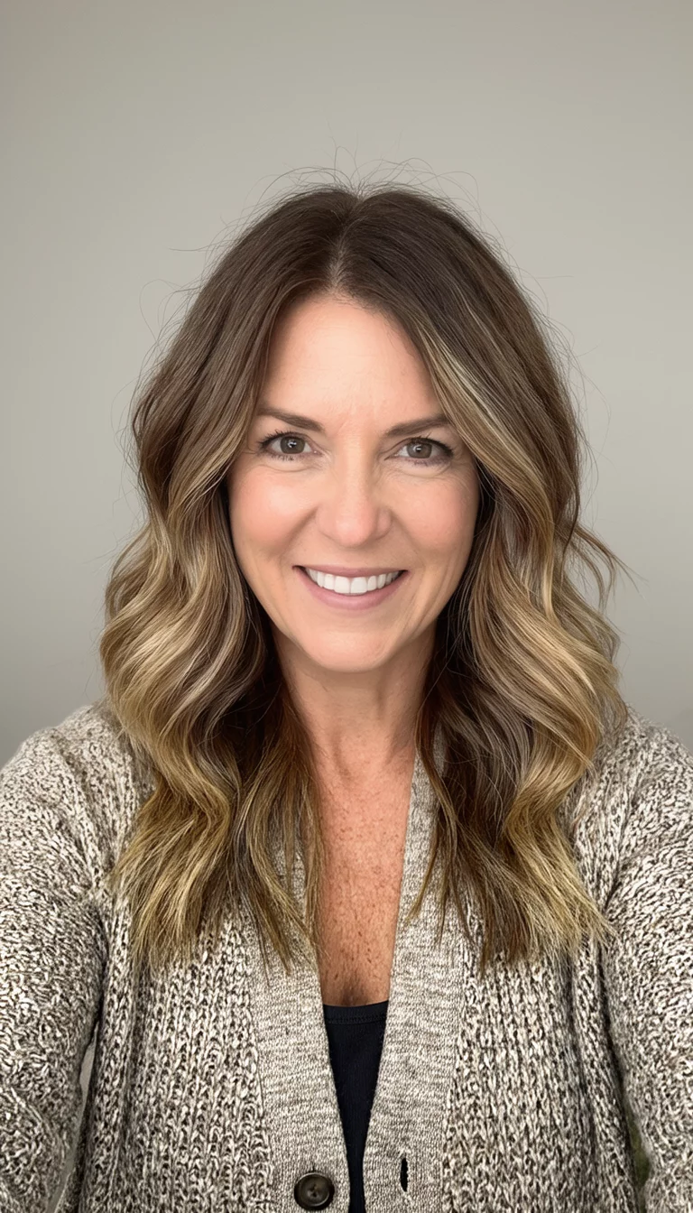 selfie of a 39-year-old woman wearing a stylish cardigan with a different shades of highlighted brown and blonde hair colored wavy layered hairstyle, front view, neutral background