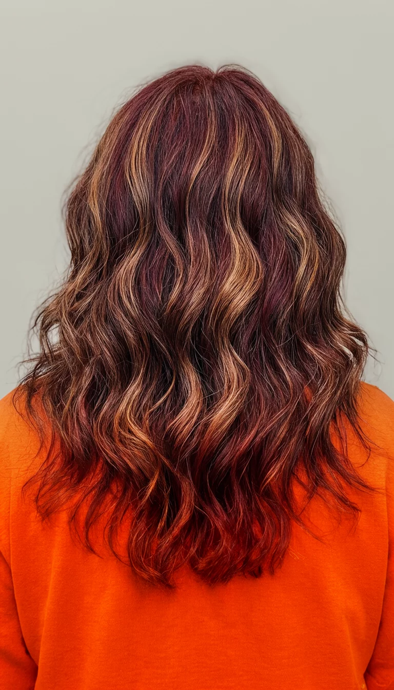 casual photo of a 48-year-old woman wearing an orange top with a wavy, shoulder-length hair with rich reddish-brown tones and lighter copper highlights colored wavy hairstyle, back view, neutral background