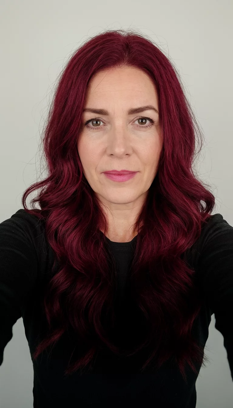 selfie of a 36-year-old woman wearing a black outfit with a long, deep red hair colored wavy hairstyle, front view, neutral background