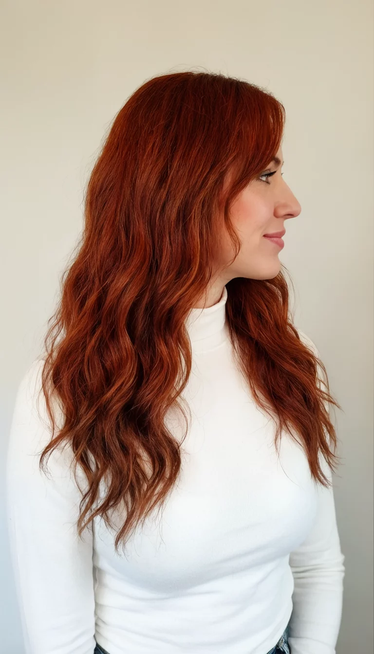 casual photo of a 38-year-old woman wearing a white high-neck top with a long, wavy reddish-brown hair colored wavy hairstyle, side view, neutral background