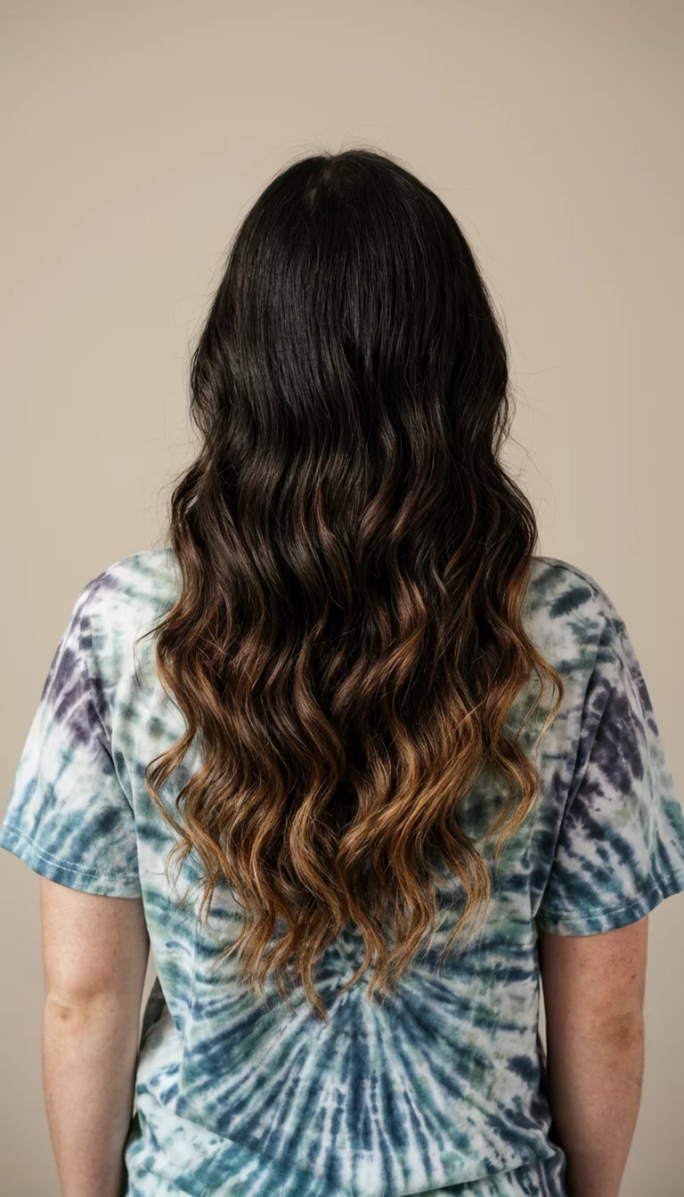 casual photo of a 30-year-old woman wearing a tie-dye shirt with a long, wavy dark brown hair with subtle lighter brown ombré colored wavy hairstyle, back view, neutral background