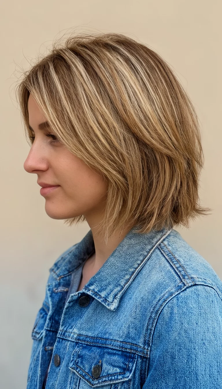 casual photo of a 25-year-old woman wearing a denim jacket with a shoulder-length, layered light brown hair with blonde highlights colored layered hairstyle, side view, neutral background