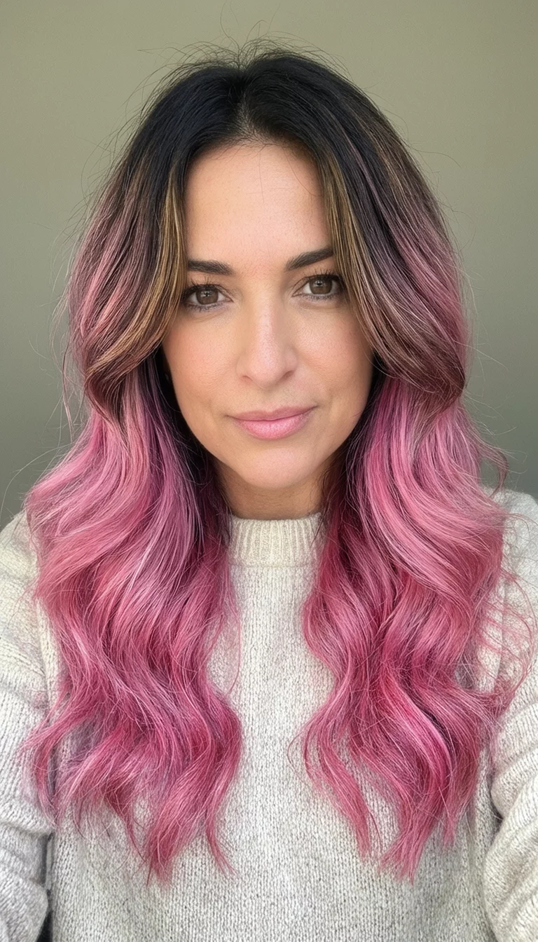 selfie of a 33-year-old woman wearing a simple sweater with a dark, layered hair, long wavy pink hair, and medium brown hair with highlights colored mixed layered hairstyle, front view, neutral background