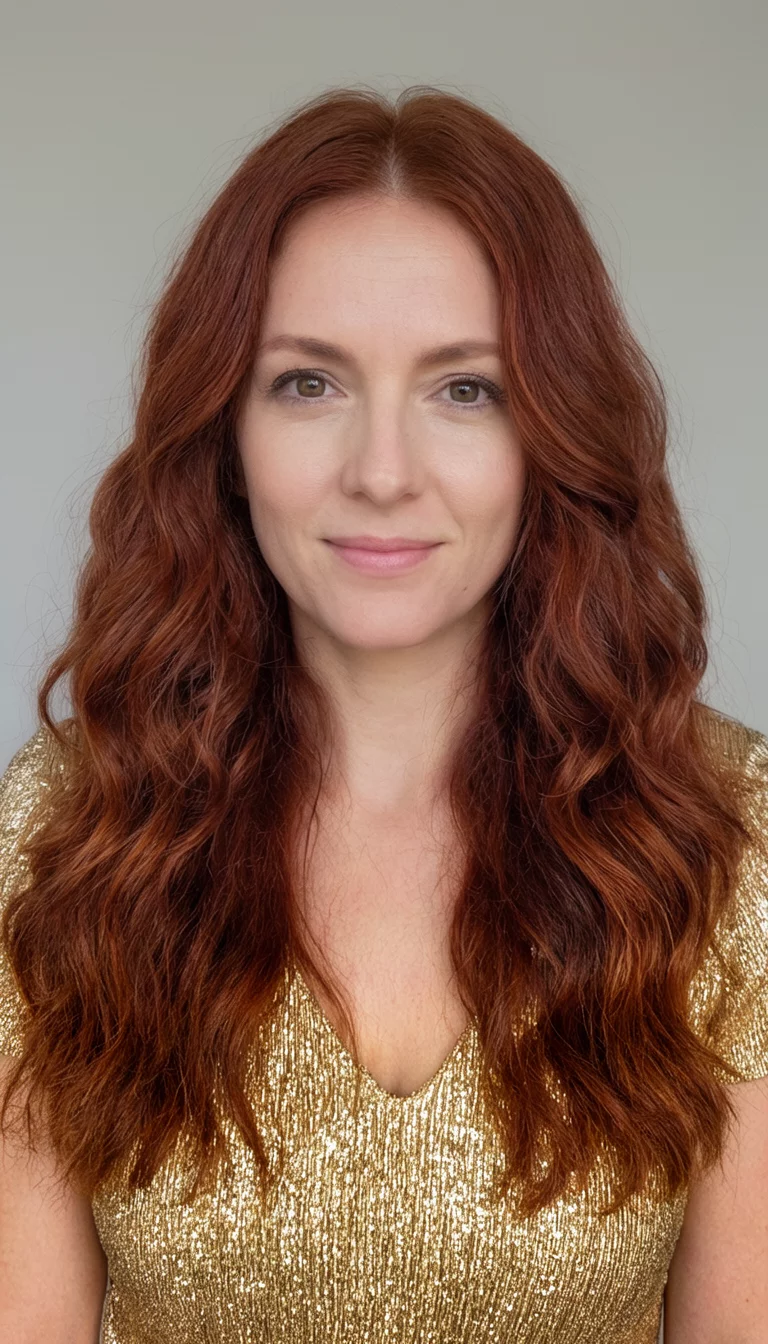 selfie of a 29-year-old woman wearing a gold shimmery top with a long, wavy auburn hair colored wavy hairstyle, front view, neutral background