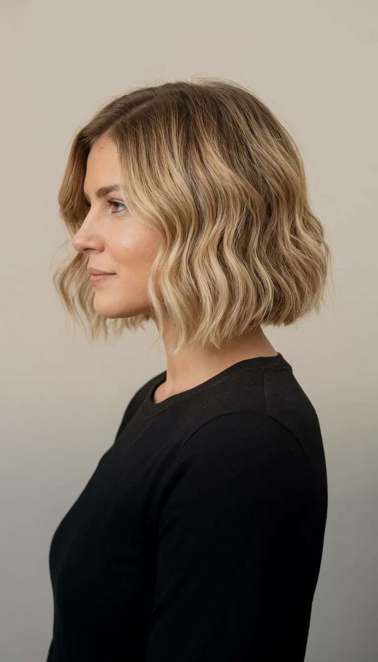 casual photo of a 29-year-old woman wearing a black top with a blonde to light brown ombre bob colored wavy bob hairstyle, side view, neutral background
