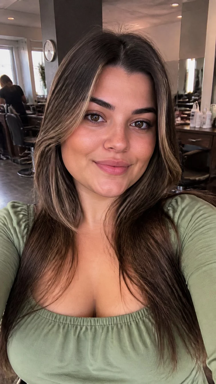 selfie of a 27-year-old Southern European plus size woman with a chubby face, golden brown, straight nose, thick natural eyebrows, and heart-shaped lips. Her face features widow's peak hairline, light freckles, and subtle natural facial asymmetry. She has downturned brown eyes, pronounced cheekbones, closed-mouth smile, confident. She is average and is wearing a sage green square-neck blouse with dark brown hair with butterscotch face-framing hair curtain bangs hair, soft window light, hair salon