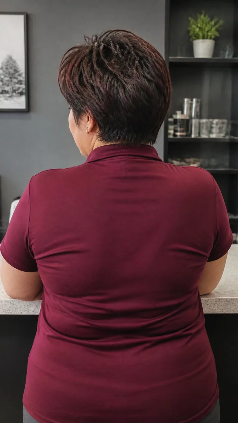 A back shot photo with face not visible of a 45-year-old East Asian plus size woman with a chubby face, olive, button nose, feathered eyebrows, and full lips. Her face features dimples, faint under-eye shadows, and subtle natural facial asymmetry. She has monolid green eyes, soft cheekbones, broad smile, relaxed. She is plus-size and is wearing a burgundy golf polo with dark charcoal gray with rusty red highlights short textured hair, overcast daylight, indoor