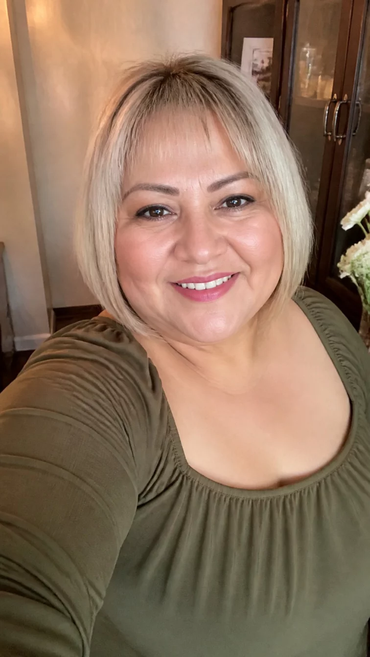 selfie of a 49-year-old Middle Eastern plus size woman with a chubby face, fair, narrow nose, softly curved eyebrows, and thin lips. Her face features uneven eyebrows, a few laugh lines, and subtle natural facial asymmetry. She has deep-set dark brown eyes, pronounced cheekbones, broad smile, cheerful. She is curvy and is wearing a olive green square-neck blouse with pale oat milk blonde bob with bangs hair, warm indoor lighting, indoor