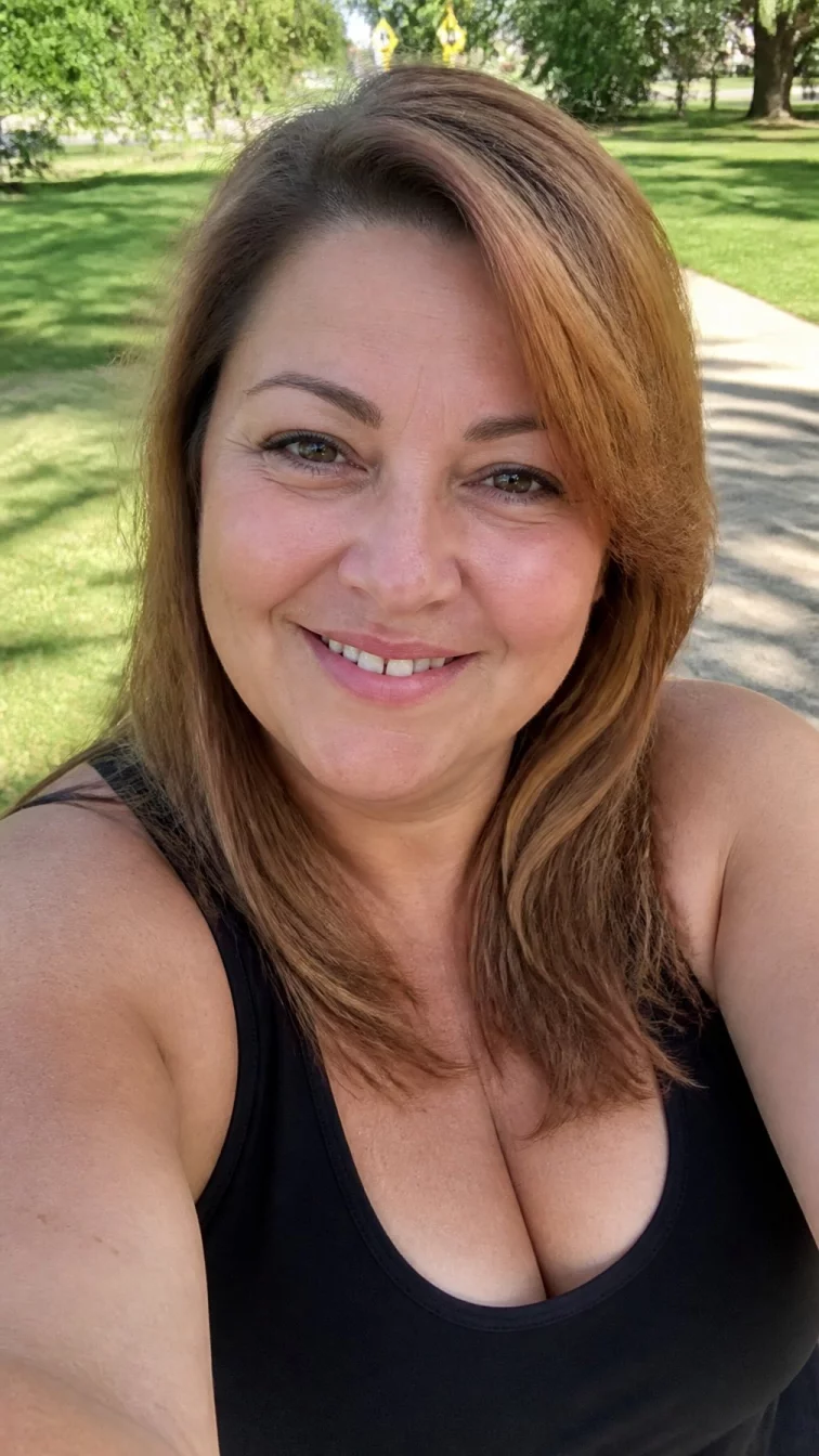 selfie of a 43-year-old Eastern European plus size woman with a chubby face, golden brown, button nose, feathered eyebrows, and wide lips. Her face features gap between front teeth, a few laugh lines, and subtle natural facial asymmetry. She has deep-set green eyes, rounded cheeks, broad smile, relaxed. She is athletic and is wearing a black tank-style top with warm copper balayage mid-length layered hair, bright natural daylight, outdoor