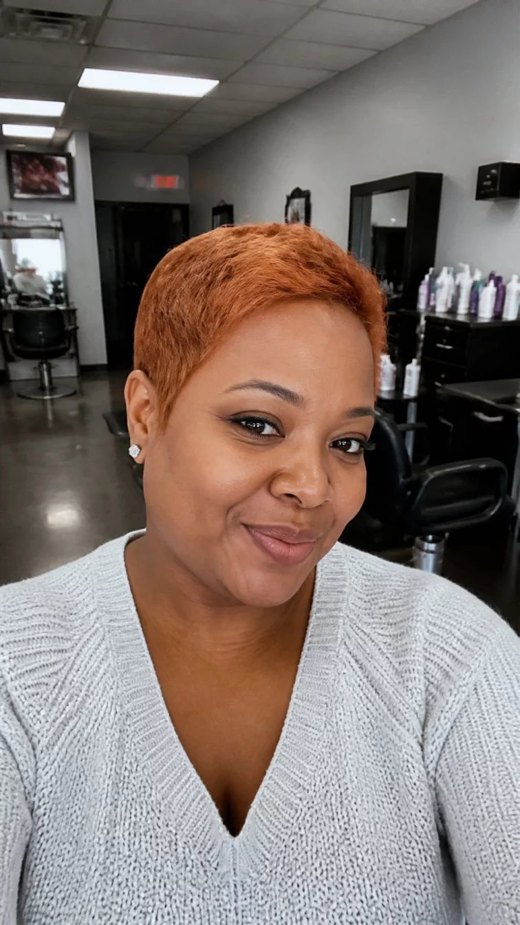 selfie of a 37-year-old Afro-Caribbean plus size woman with a chubby face, deep brown, button nose, straight eyebrows, and wide lips. Her face features slightly crooked smile, a few laugh lines, and subtle natural facial asymmetry. She has downturned blue eyes, pronounced cheekbones, broad smile, confident. She is petite and is wearing a light gray knit top with soft golden apricot copper pixie cut hair, overcast daylight, hair salon