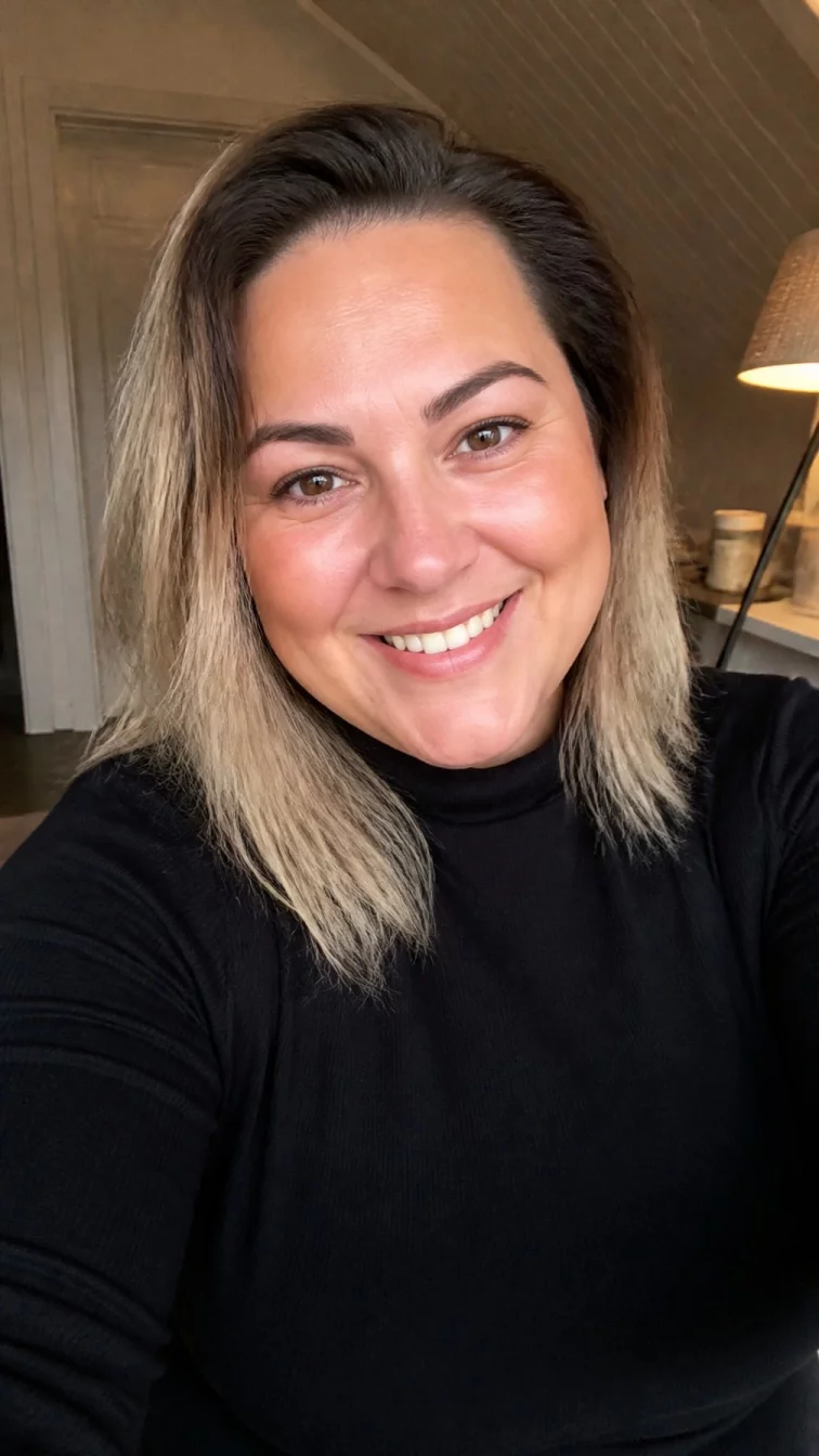 selfie of a 37-year-old Northern European plus size woman with a chubby face, golden brown, rounded nose, softly curved eyebrows, and heart-shaped lips. Her face features widow's peak hairline, faint under-eye shadows, and subtle natural facial asymmetry. She has upturned brown eyes, high cheekbones, broad smile, confident. She is athletic and is wearing a black mock neck sweater with dark roots and pale blonde tips hair angled lob hair, warm indoor lighting, indoor