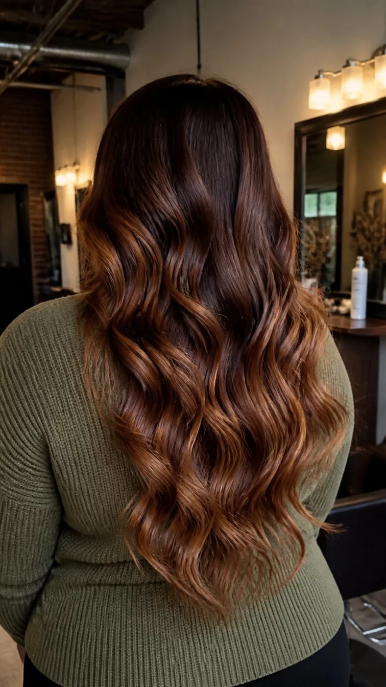 A back shot photo with face not visible of a 31-year-old Eastern European plus size woman with a chubby face, tan, broad nose, softly curved eyebrows, and wide lips. Her face features beauty mark near the lip, visible pores, and subtle natural facial asymmetry. She has deep-set hazel eyes, high cheekbones, broad smile, playful. She is curvy and is wearing a sage green knit top with medium pecan brown balayage long loose curls hair, warm indoor lighting, hair salon