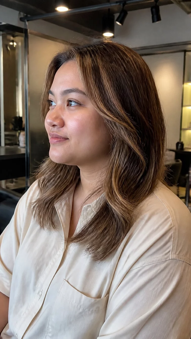 A side shot photo of a 27-year-old Southeast Asian plus size woman with a chubby face, olive, button nose, straight eyebrows, and wide lips. Her face features slightly crooked smile, faint under-eye shadows, and subtle natural facial asymmetry. She has downturned blue eyes, soft cheekbones, broad smile, thoughtful. She is average and is wearing a cream chambray shirt with bronze and tawny gold hair mid-length waves hair, soft window light, hair salon