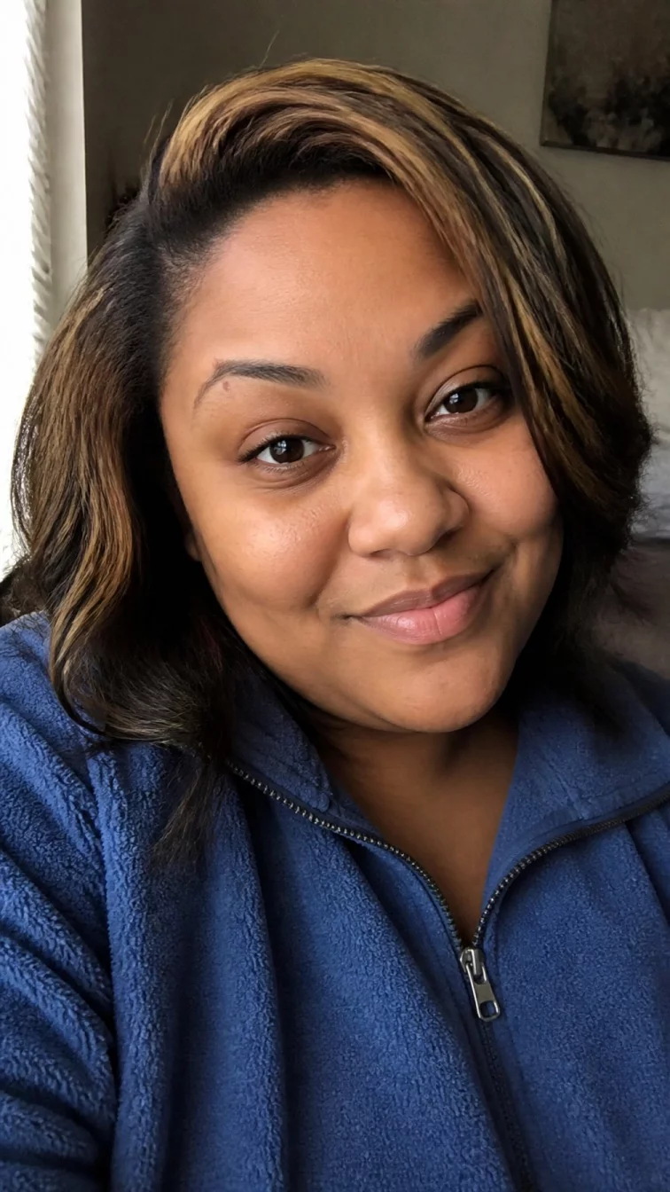 selfie of a 33-year-old Afro-Caribbean plus size woman with a chubby face, tan, rounded nose, thin arched eyebrows, and thin lips. Her face features small scar on the eyebrow, faint under-eye shadows, and subtle natural facial asymmetry. She has almond-shaped dark brown eyes, rounded cheeks, subtle smile, playful. She is average and is wearing a denim blue fleece pullover with toasted almond highlights on brown hair shoulder-length shag hair, soft window light, indoor