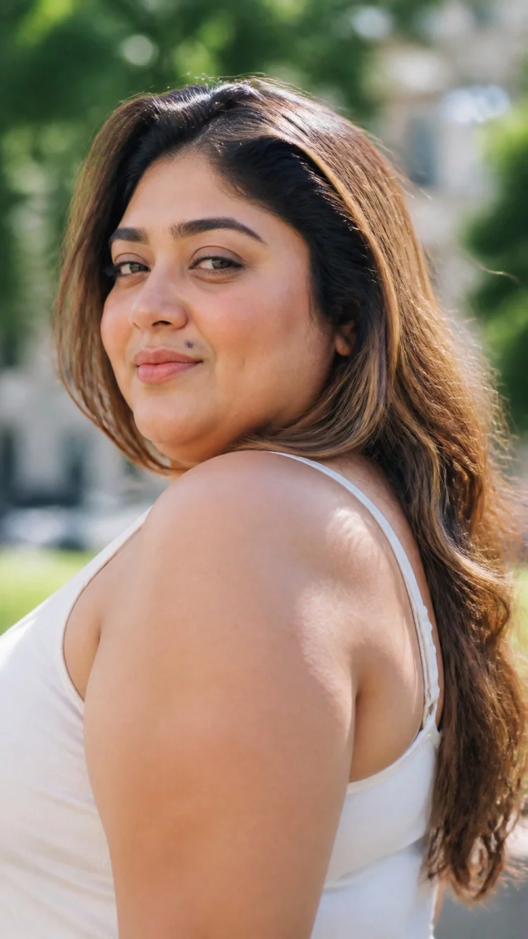 A side shot photo of a 42-year-old South Asian plus size woman with a chubby face, olive, straight nose, thick natural eyebrows, and wide lips. Her face features beauty mark near the lip, slightly flushed cheeks, and subtle natural facial asymmetry. She has almond-shaped hazel eyes, rounded cheeks, subtle smile, confident. She is petite and is wearing a cream tank top with warm maple brown highlights long waves hair, bright natural daylight, outdoor