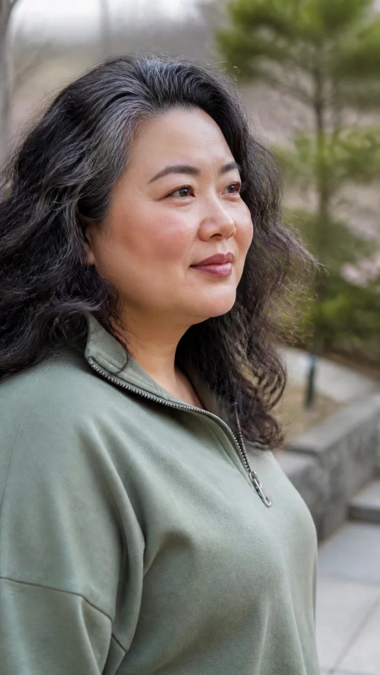 A side shot photo of a 46-year-old East Asian plus size woman with a chubby face, fair, button nose, thick natural eyebrows, and wide lips. Her face features widow's peak hairline, a few laugh lines, and subtle natural facial asymmetry. She has deep-set dark brown eyes, high cheekbones, neutral expression, cheerful. She is plus-size and is wearing a sage green quarter-zip pullover with salt and pepper smoky charcoal hair naturally curly hair, warm indoor lighting, outdoor