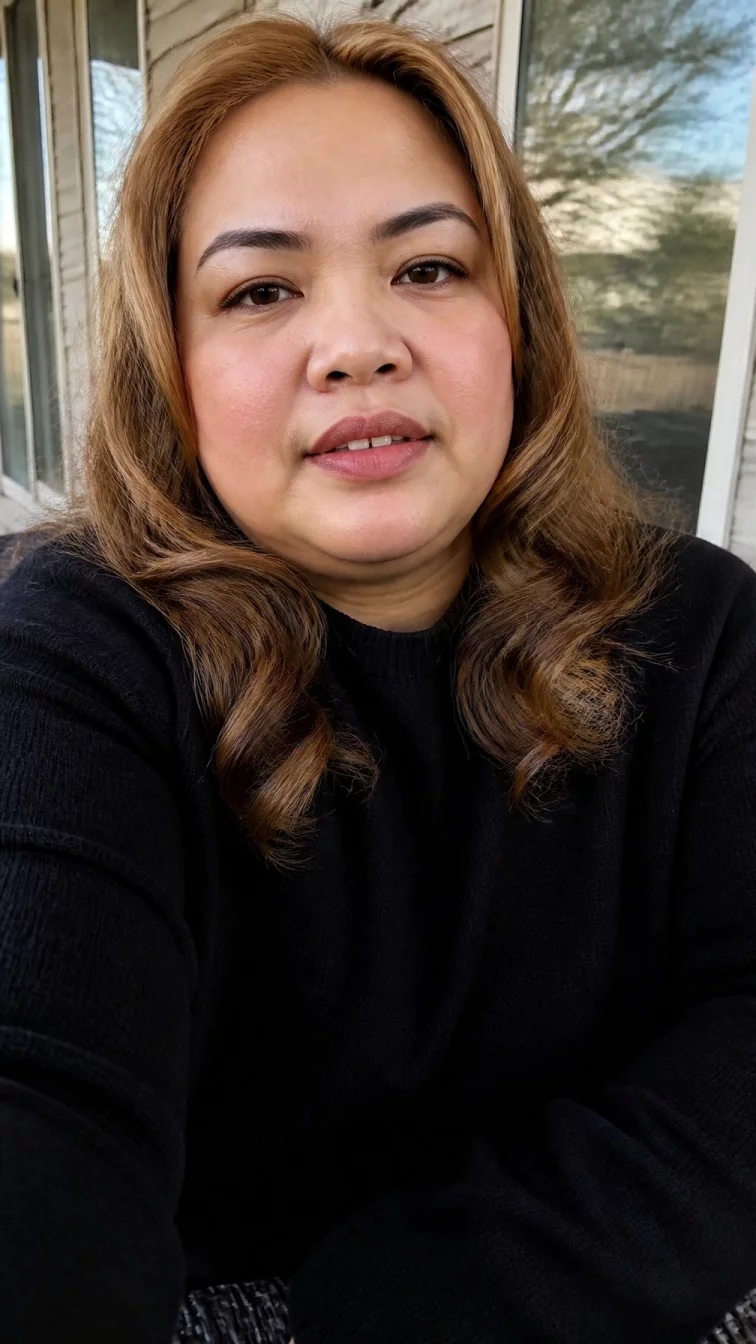 selfie of a 40-year-old Southeast Asian plus size woman with a chubby face, deep brown, upturned nose, straight eyebrows, and full lips. Her face features gap between front teeth, faint under-eye shadows, and subtle natural facial asymmetry. She has upturned amber eyes, rounded cheeks, neutral expression, thoughtful. She is curvy and is wearing a black cashmere sweater with warm honey blonde shoulder-length curls hair, soft window light, outdoor