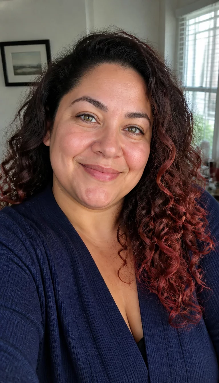 selfie of a 36-year-old Latina plus size woman with a chubby face, tan, straight nose, feathered eyebrows, and heart-shaped lips. Her face features uneven eyebrows, subtle acne marks, and subtle natural facial asymmetry. She has almond-shaped green eyes, rounded cheeks, broad smile, thoughtful. She is athletic and is wearing a navy blue cardigan with cocoa brown with cherry red ends curly hair, soft window light, indoor