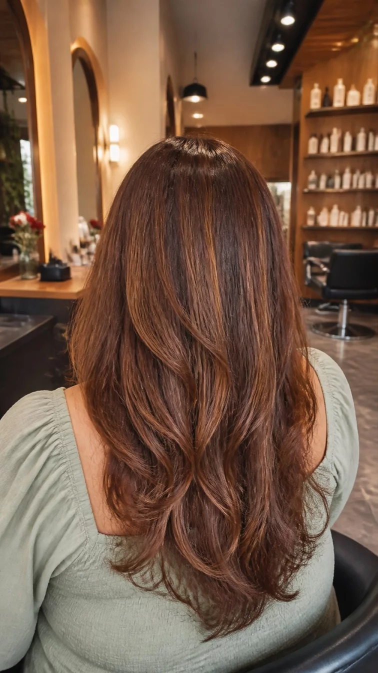 A back shot photo with face not visible of a 43-year-old Middle Eastern plus size woman with a chubby face, golden brown, upturned nose, thick natural eyebrows, and full lips. Her face features faint freckles across the nose, slightly flushed cheeks, and subtle natural facial asymmetry. She has upturned blue eyes, high cheekbones, neutral expression, cheerful. She is petite and is wearing a sage green square-neck blouse with glossy chestnut brown hair long layers hair, warm indoor lighting, hair salon