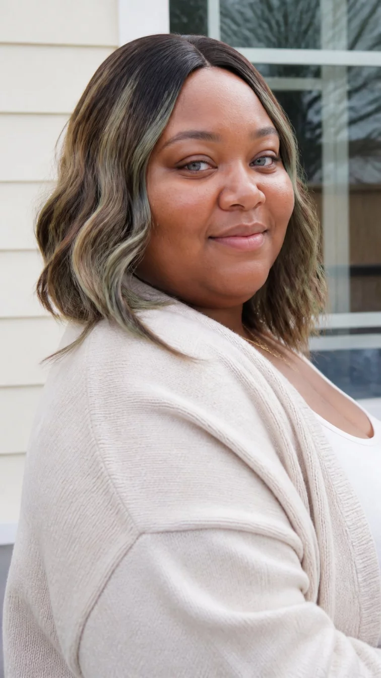 A side shot photo of a 32-year-old Black African plus size woman with a chubby face, light, button nose, softly curved eyebrows, and full lips. Her face features uneven eyebrows, visible pores, and subtle natural facial asymmetry. She has round blue eyes, soft cheekbones, closed-mouth smile, relaxed. She is curvy and is wearing a cream cardigan with ash brown and sage green tinted hair textured lob hair, overcast daylight, outdoor