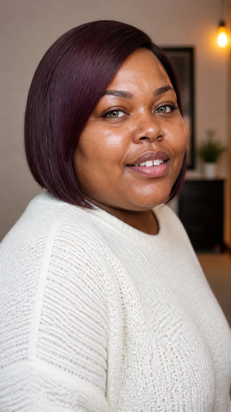 A side shot photo of a 30-year-old Black African plus size woman with a chubby face, olive, button nose, feathered eyebrows, and wide lips. Her face features gap between front teeth, visible pores, and subtle natural facial asymmetry. She has hooded green eyes, rounded cheeks, neutral expression, cheerful. She is average and is wearing a white chunky knit sweater with dark midnight plum straight bob hair, warm indoor lighting, indoor