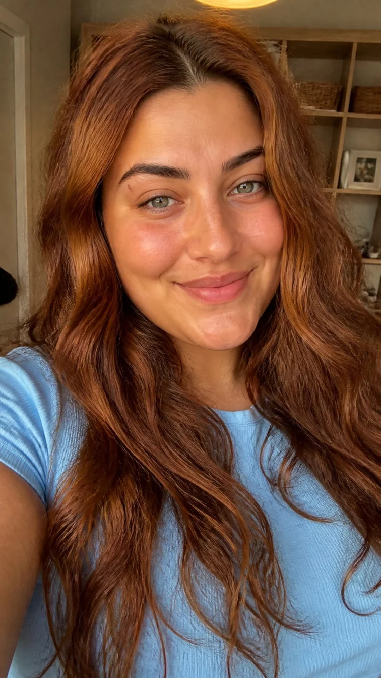selfie of a 24-year-old Mediterranean woman with a square face, golden brown, aquiline nose, feathered eyebrows, and full lips. Her face features small scar on the eyebrow, slightly flushed cheeks, and subtle natural facial asymmetry. She has monolid gray eyes, soft cheekbones, broad smile, thoughtful. She is plus-size and is wearing a baby blue ribbed t-shirt with burnt sugar ginger long wavy hair, warm indoor lighting, indoor