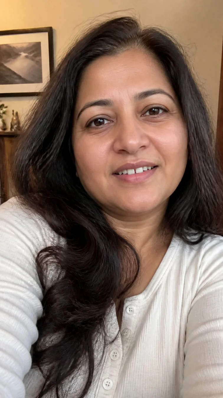 selfie of a 47-year-old South Asian woman with a round face, tan, rounded nose, thick natural eyebrows, and full lips. Her face features gap between front teeth, a few laugh lines, and subtle natural facial asymmetry. She has downturned dark brown eyes, rounded cheeks, subtle smile, thoughtful. She is average and is wearing a cream henley shirt with smoked espresso long wavy hair, warm indoor lighting, indoor