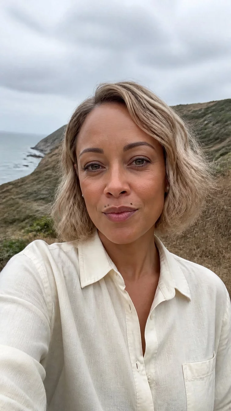 selfie of a 40-year-old Mixed-race woman with a pear-shaped face, golden brown, button nose, thin arched eyebrows, and heart-shaped lips. Her face features beauty mark near the lip, faint under-eye shadows, and subtle natural facial asymmetry. She has almond-shaped gray eyes, pronounced cheekbones, neutral expression, playful. She is petite and is wearing a cream button-up shirt with oatmilk blonde wavy bob hair, overcast daylight, outdoor