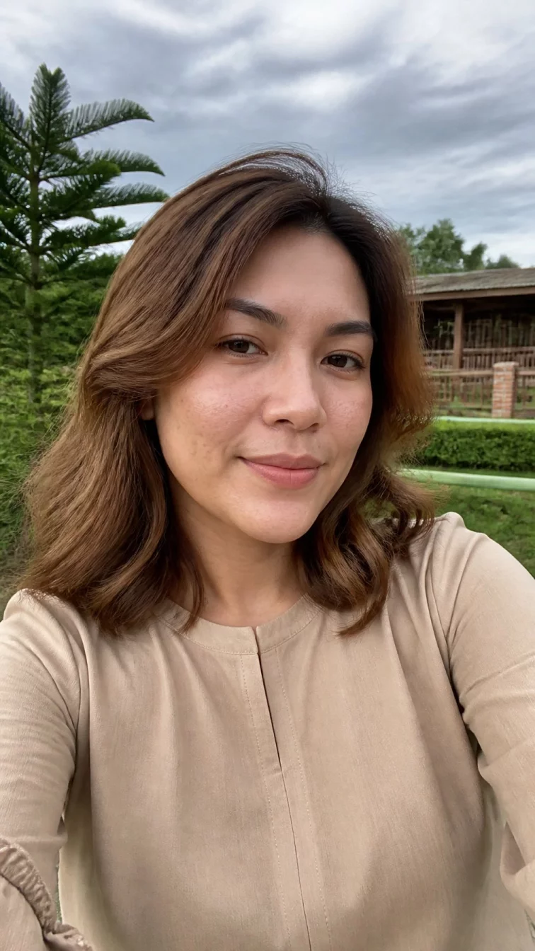 selfie of a 34-year-old Southeast Asian woman with a square face, fair, straight nose, feathered eyebrows, and thin lips. Her face features faint freckles across the nose, subtle acne marks, and subtle natural facial asymmetry. She has downturned hazel eyes, pronounced cheekbones, closed-mouth smile, relaxed. She is curvy and is wearing a beige tunic top with honeyed chai bronde collarbone-length wavy hair, overcast daylight, outdoor