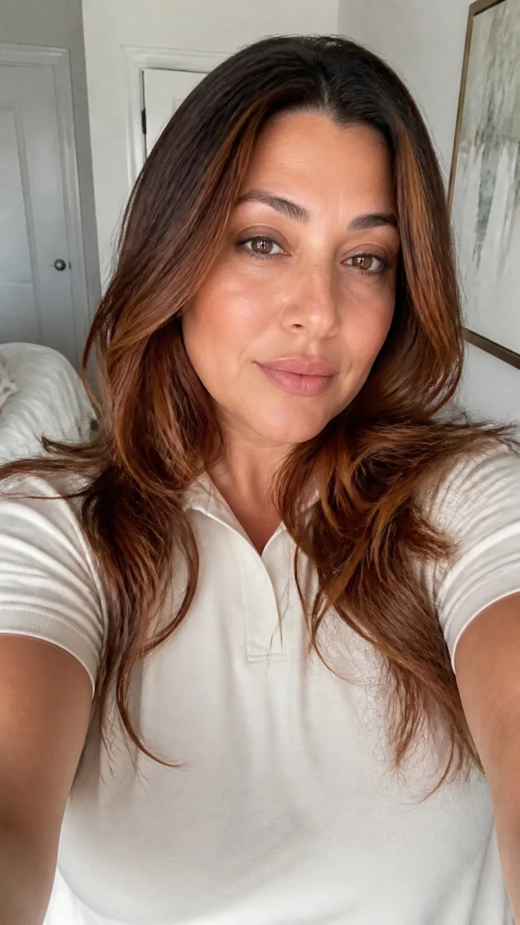 selfie A back photo of a 46-year-old Mediterranean woman with a diamond face, golden brown, upturned nose, thin arched eyebrows, and full lips. Her face features slightly crooked smile, faint under-eye shadows, and subtle natural facial asymmetry. She has monolid amber eyes, high cheekbones, neutral expression, confident. She is plus-size and is wearing a cream polo shirt with auburn root melt long wavy hair, soft window light, indoor