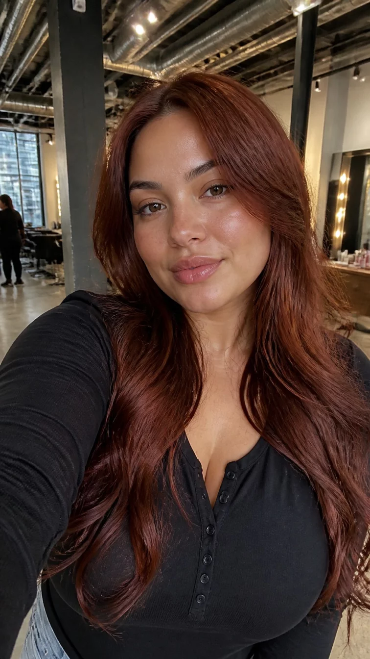 selfie of a 24-year-old Middle Eastern woman with a pear-shaped face, golden brown, broad nose, thick natural eyebrows, and full lips. Her face features faint freckles across the nose, visible pores, and subtle natural facial asymmetry. She has monolid gray eyes, soft cheekbones, neutral expression, playful. She is curvy and is wearing a black henley shirt with spiced cider auburn long wavy hair, soft window light, hair salon