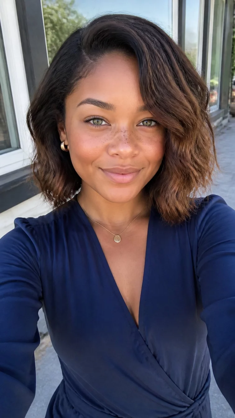 selfie of a 25-year-old Afro-Caribbean woman with a square face, dark brown, upturned nose, softly curved eyebrows, and heart-shaped lips. Her face features faint freckles across the nose, a few laugh lines, and subtle natural facial asymmetry. She has monolid green eyes, high cheekbones, closed-mouth smile, confident. She is petite and is wearing a navy blue wrap blouse with copper penny highlights wavy bob hair, soft window light, outdoor