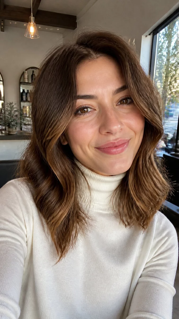 selfie of a 29-year-old Southern European woman with a diamond face, deep brown, upturned nose, straight eyebrows, and wide lips. Her face features slightly crooked smile, slightly flushed cheeks, and subtle natural facial asymmetry. She has monolid amber eyes, rounded cheeks, broad smile, playful. She is slim and is wearing a white turtleneck sweater with amber glazed maple shoulder-length wavy hair, soft window light, hair salon