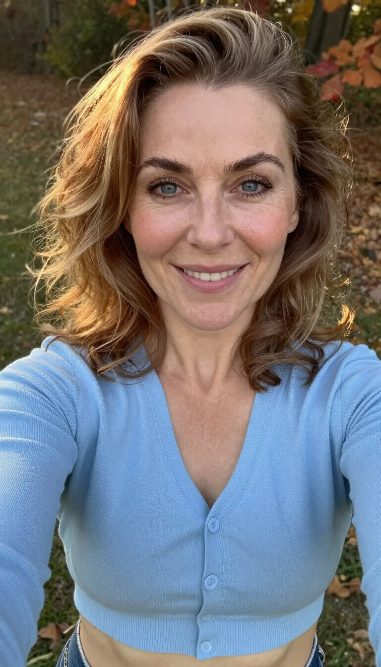 selfie of a 49-year-old Mediterranean woman with a diamond face, fair, aquiline nose, thick natural eyebrows, and thin lips. Her face features gap between front teeth, light freckles, and subtle natural facial asymmetry. She has almond-shaped blue eyes, rounded cheeks, closed-mouth smile, playful. She is curvy and is wearing a baby blue cropped cardigan with golden hour colored mid-back wavy hair, overcast daylight, outdoor background in the Fall season