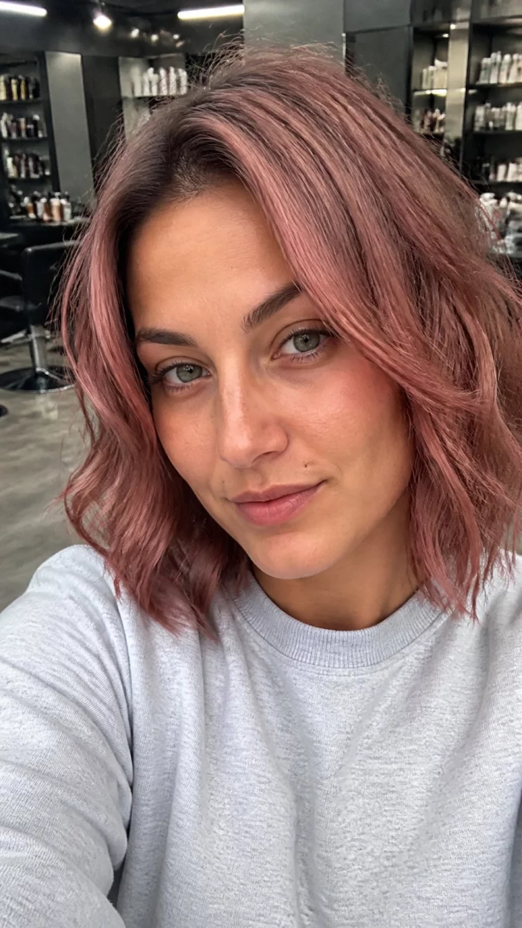 selfie of a 25-year-old Southern European woman with a round face, golden brown, straight nose, thin arched eyebrows, and thin lips. Her face features beauty mark near the lip, faint under-eye shadows, and subtle natural facial asymmetry. She has hooded gray eyes, soft cheekbones, subtle smile, thoughtful. She is athletic and is wearing a light gray crewneck sweatshirt with dusty rose quartz shoulder-length wavy hair, overcast daylight, hair salon